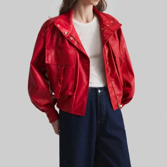 Women Stand Collar Red Oversized Jacket, Fashionable Outerwear For Autumn - Picture 1 of 5